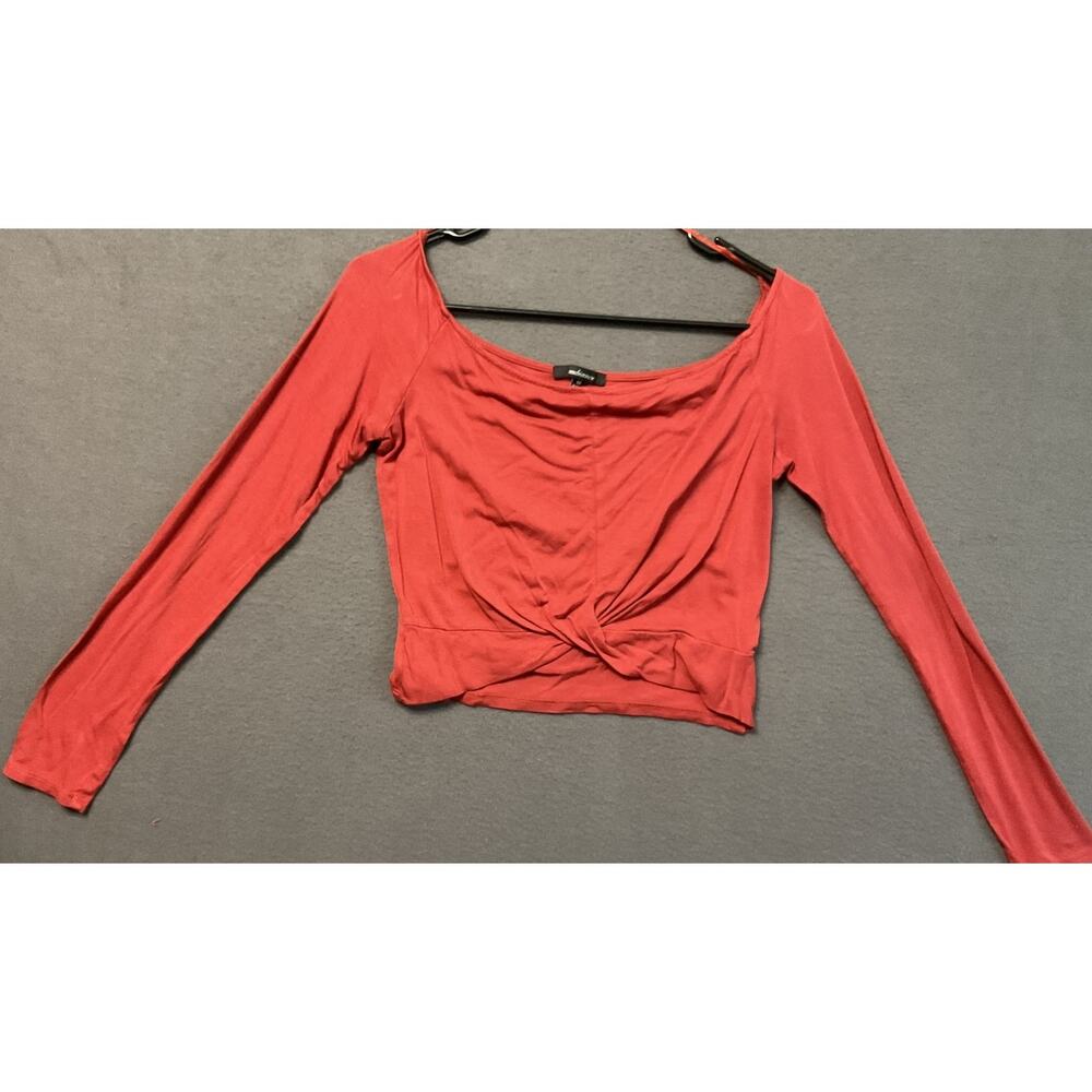 Ambiance Shirt Womens Medium Red Long‎ Sleeve Twist Front Crop Top Stretch Rayon